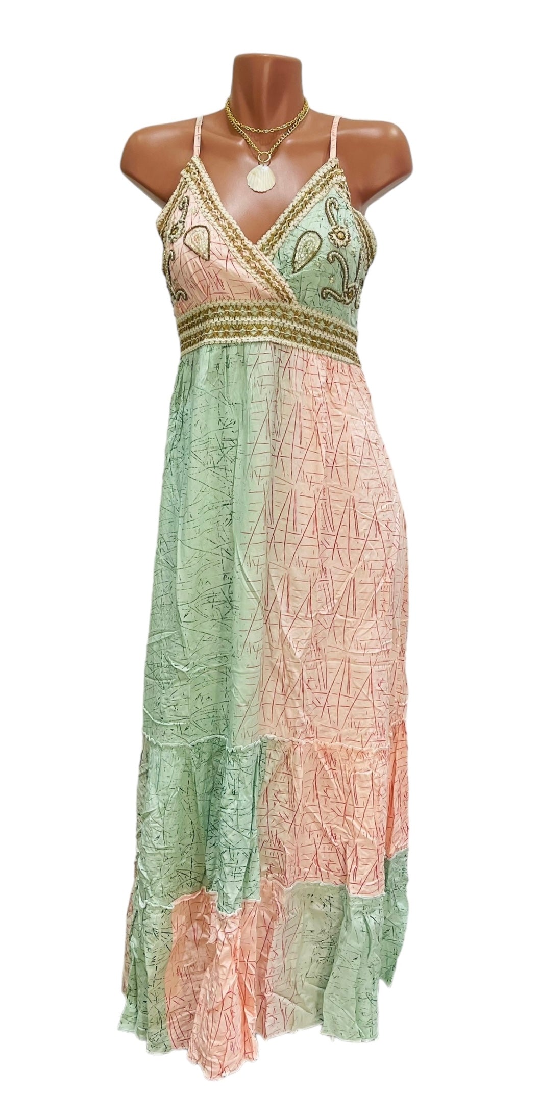 Evelin Pink and Green Long Dress.