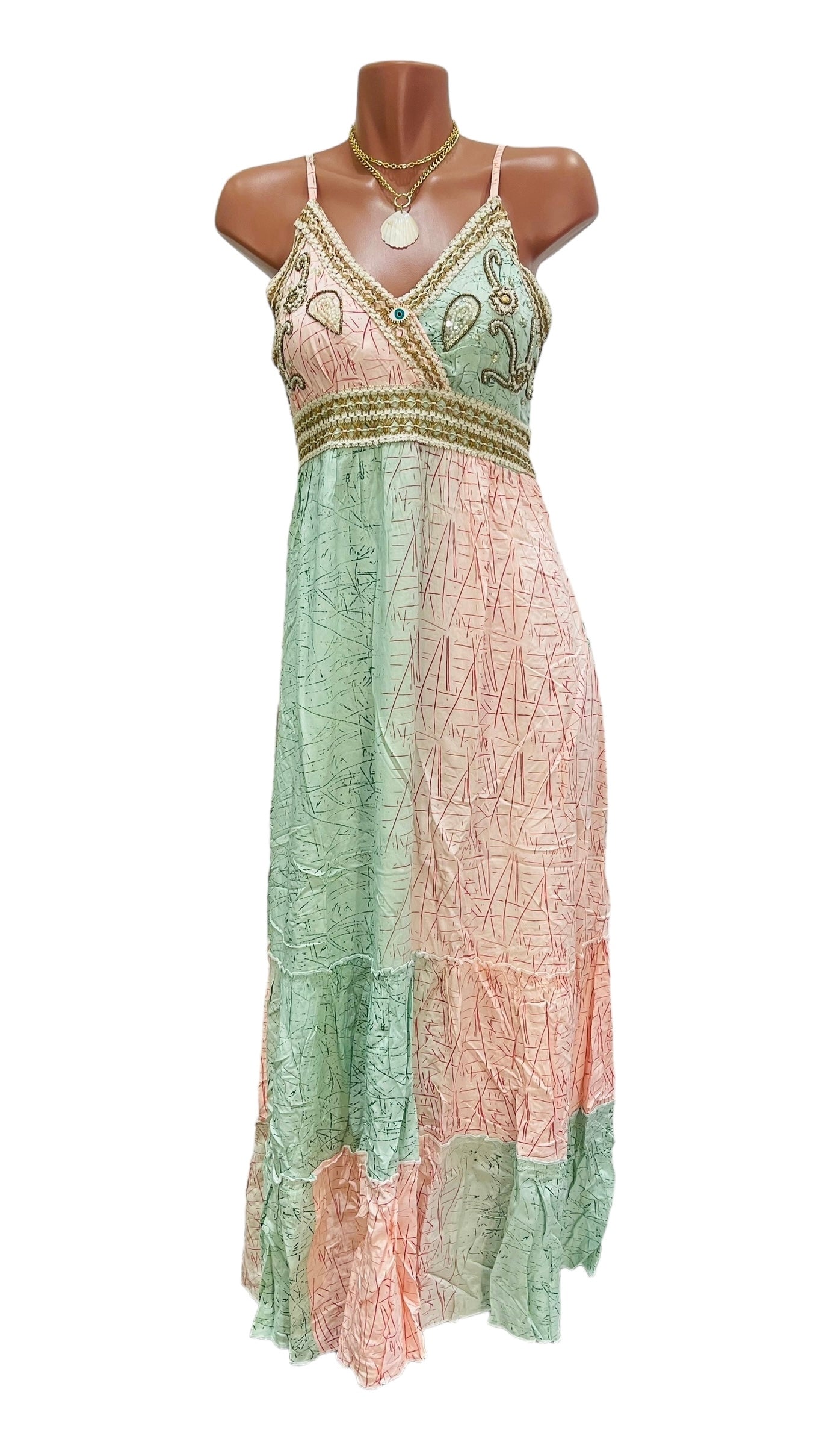 Evelin Pink and Green Long Dress.