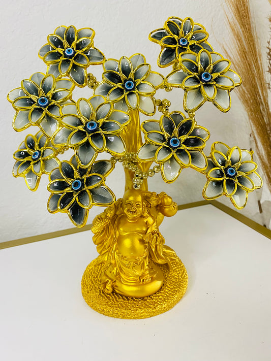 Evil Eye Money Tree with Painted Golden Buddha Statue.